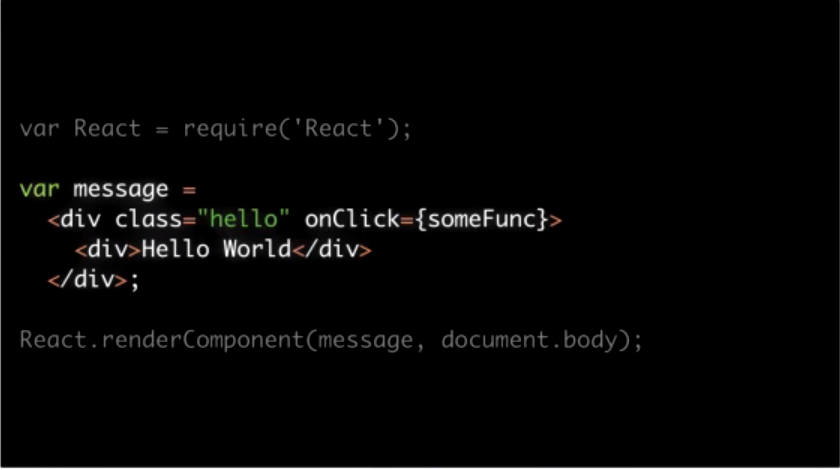 صورة لطريقة كتابة JSX من العرض التقديمي الأول لرياكت في عام 2013 والذي قدمه جوردان في JSConf US.