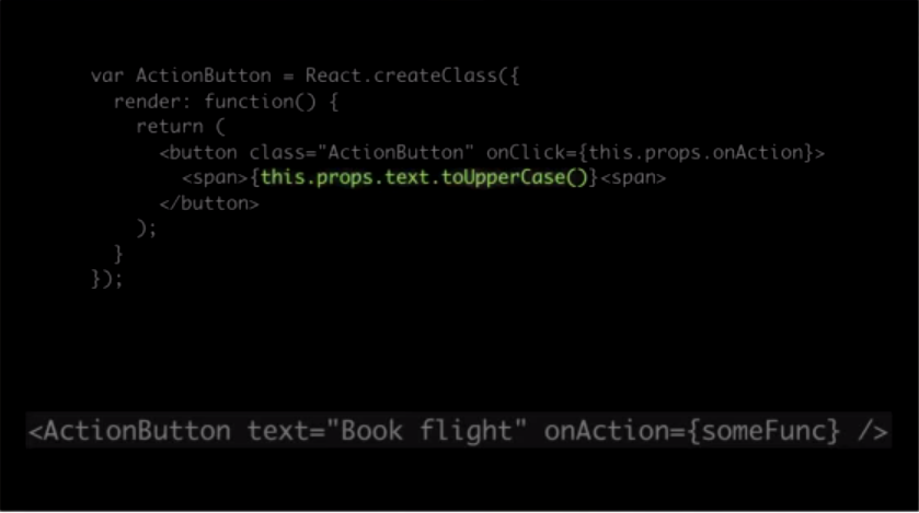 يوضح جوردان، إمكانية وضع تعبير جافاسكربتي داخل القالب وقد قام بتطبيق وظيفة toUpperCase التي تجعل اﻷحرف الإنجليزية كبيرة، صورة من عرض جوردان JSConf US 2013.